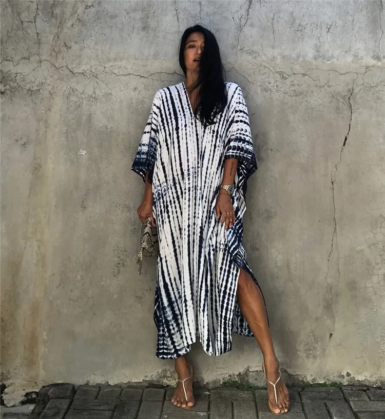 Fashion Casual Striped Print Long Dresses Women Bohemian V-neck Bat Sleeve Loose Slit Beach Dress Summer New Beachwear Vestidos 178 Fashion Casual Striped Print Long Dresses Women Bohemian V-neck Bat Sleeve Loose Slit Beach Dress Summer New Beachwear Vestidos
