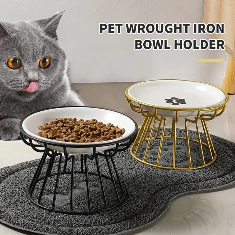 Pet food bowl 1Set Pet Ceramic Bowl Iron Rack Cat Food Snacks Canned Plate Anti-black Chin Anti-turning Water Does Not Leak Easy To Eat