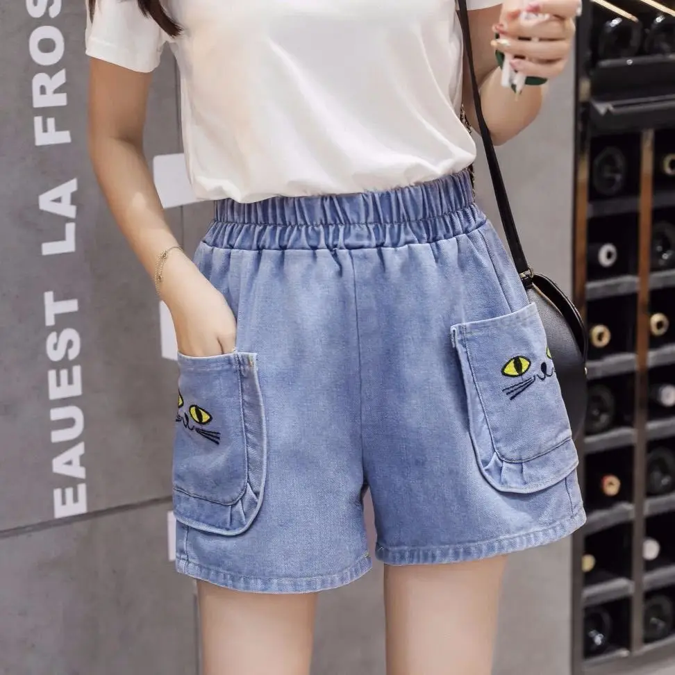 Short Pants for Woman To Wear Denim Embroidery Women's Shorts Work Jeans Office Elastic Waist Baggy Loose Clothing New In Cheap