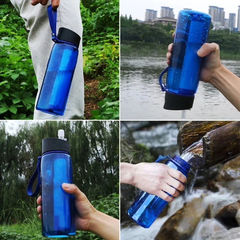 650ml 필터가 있는 물병, 생존 비상용 야외 캠핑 스포츠 물 정수 필터, 하이킹 여행용