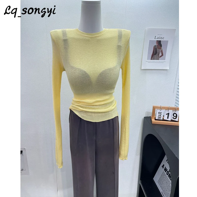 

Весенние тонкие футболки Lq_songyi с круглым вырезом, Женский высокоэластичный прозрачный топ, однотонные базовые вязаные топы, облегающие футболки с длинным рукавом