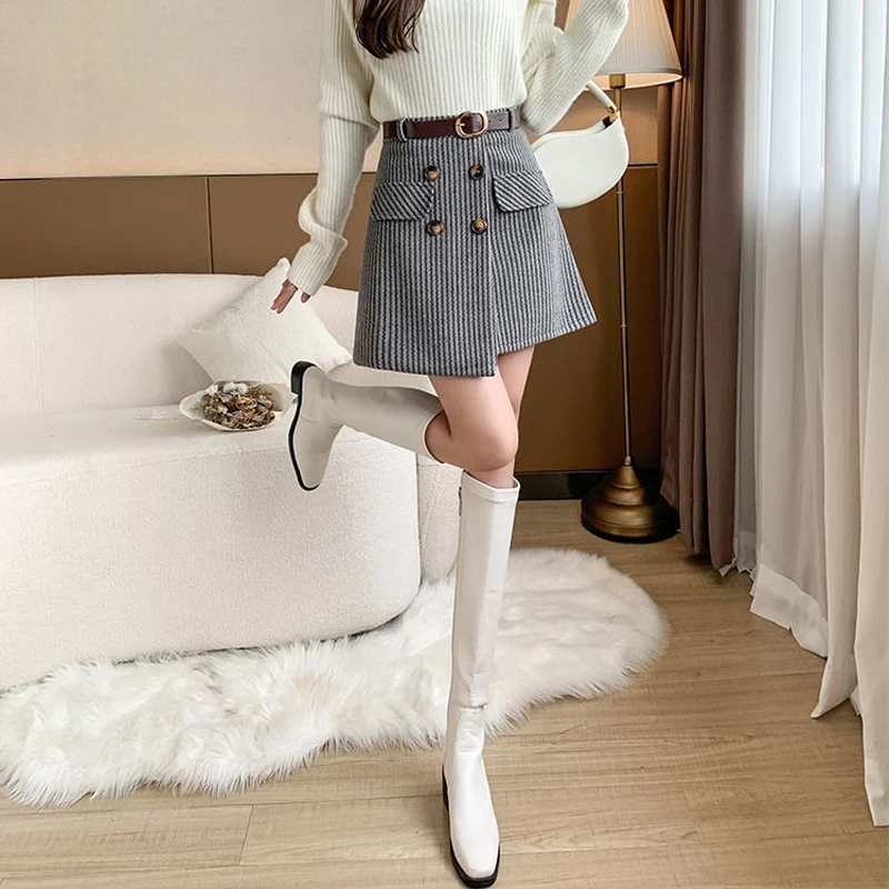 Tweed Button Front Skirt 3d High Waist Tweed Mini Skirt Korean