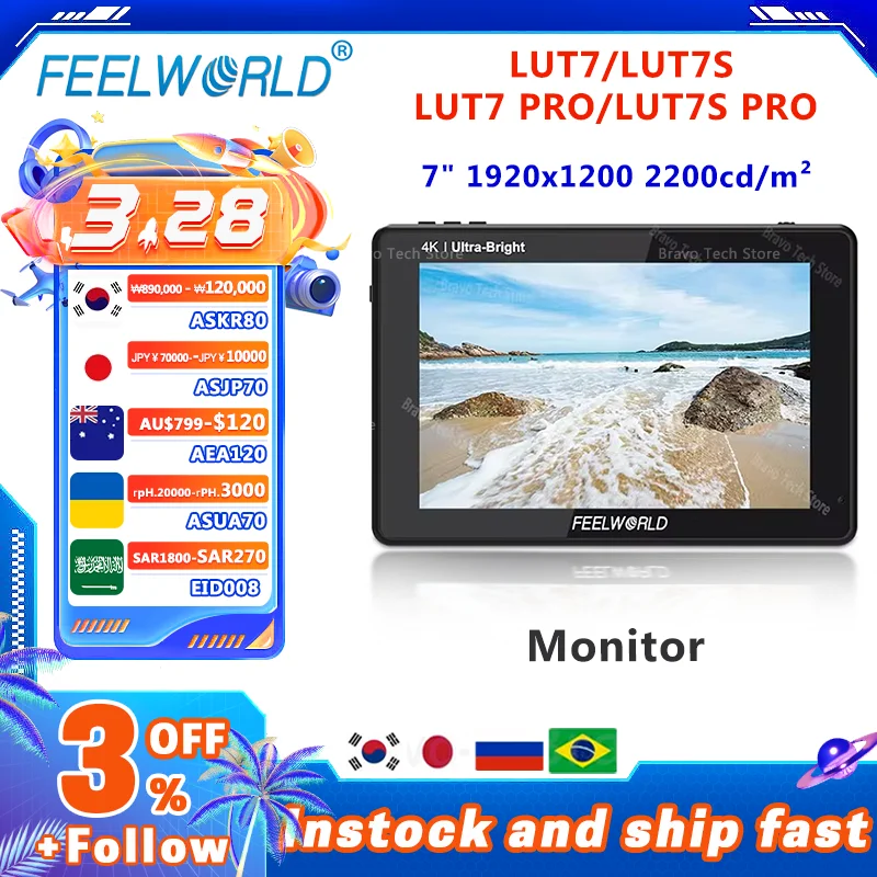 FEELWORLD LUT7 LUT7S LUT7 PRO 7 inch 2200nits 3G SDI 4K Touch Screen 3D LUT Field Monitor Full HD 1920x1200 IPS for DSLR Cameras