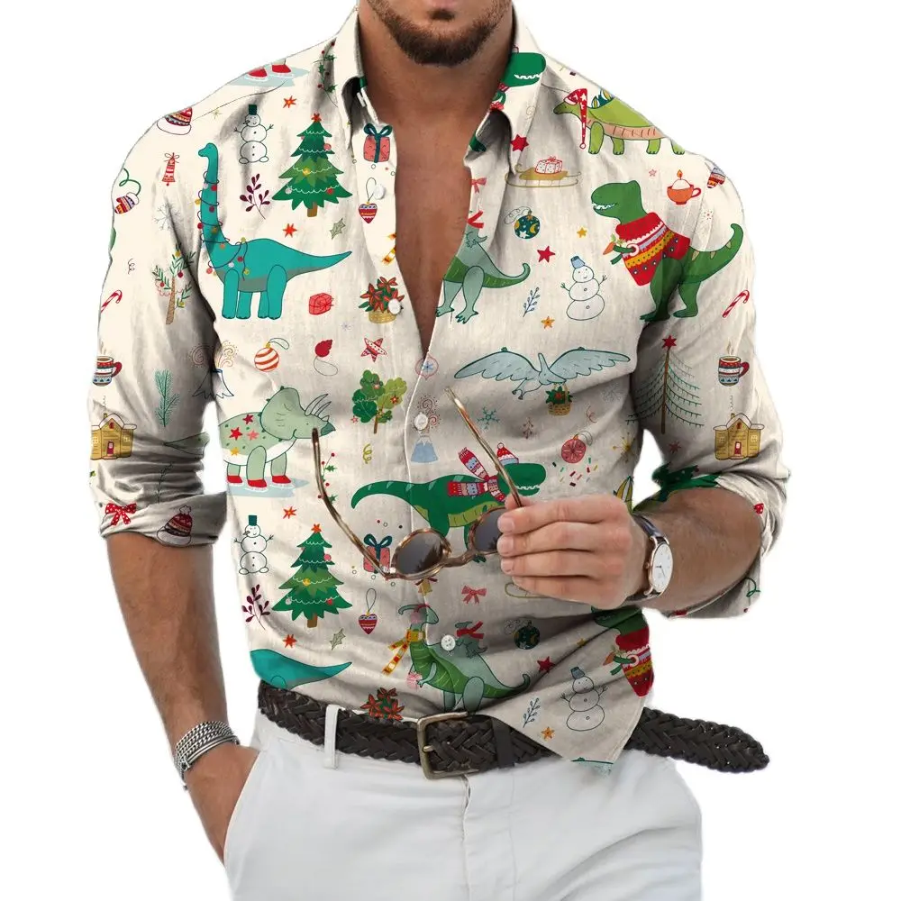 2023Christmas Shirts 3D Printed Xmas Long Sleeve Blouse Holiday Party Tops Oversized T Shirt for Men Clothes Harajuku Shirt