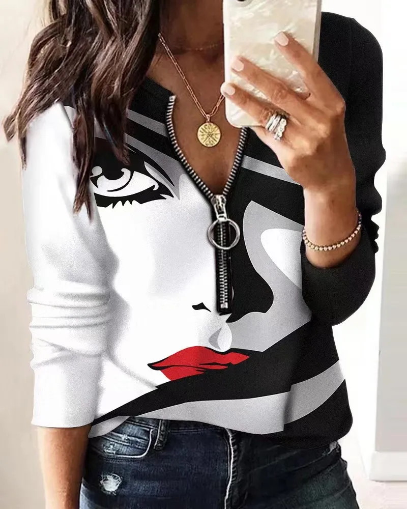 Women's Zipper Print Shirts& Blouses Casual Spring V-neck Long Sleeve Shirts For Women 2023 Elegant Office Pullover Blusas Top