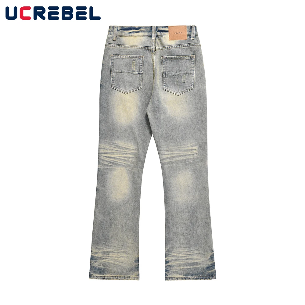 Washed Mud Yellow Denim Pants Mens High Street Scratch Loose Flared Pants Men Distressed Jeans
