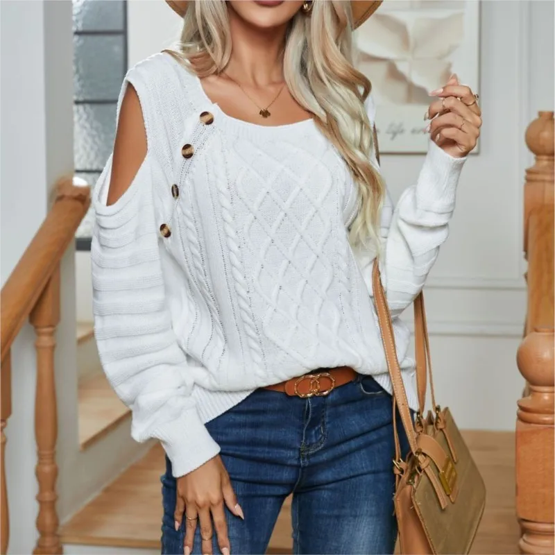 

Button Square Neck Off Shoulder Sexy Long Sleeve Twisted Fried Dough Twists Knitting Pullover Women's Autumn/winter 2023 Sweater