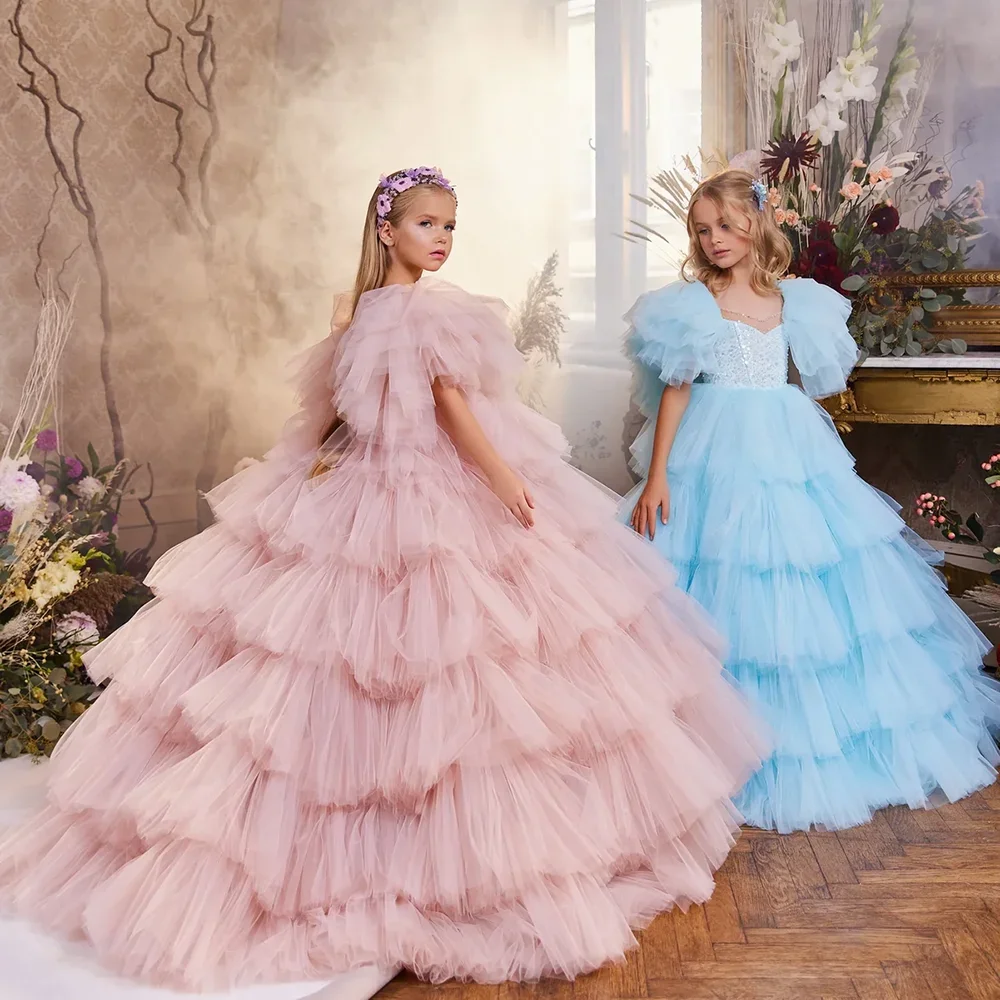 

Elegant Puffy Tiered Pleat Girl Layered Dress Chic Crew Neck Sequined A-Line Floor Length Party Gowns Wedding Pageant Dress