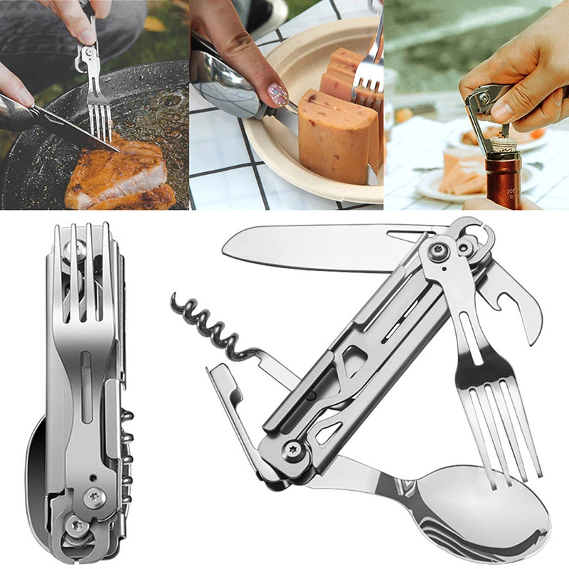 Portable Multitool 420 Stainless Steel Pocket Knife Fork Spoon Outdoor