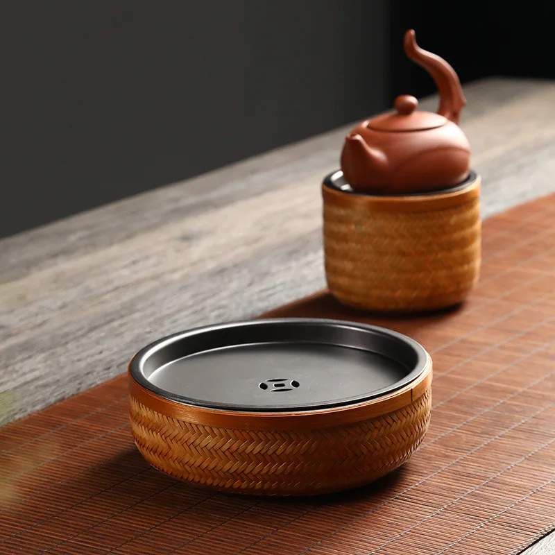 Handmade Bamboo Woven Water Storage Pot KungFu Tea Plate Chinese Style Household Dry Brewing Table Circular Tea Sea