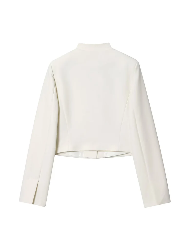 Fashion Women Stand Collar Short Jacket Elegant Solid White Slim Fit Office Ladies Simple Daily Commuting Female Clothing