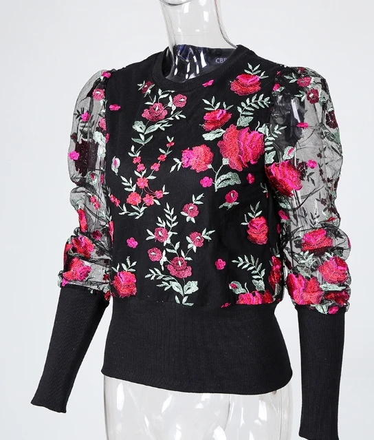 여성용 플로럴 프린트 자수 메쉬 패치워크 퍼프 긴팔 티셔츠, 라운드넥 슬림핏 니트 블라우스 탑, 우아한 패션