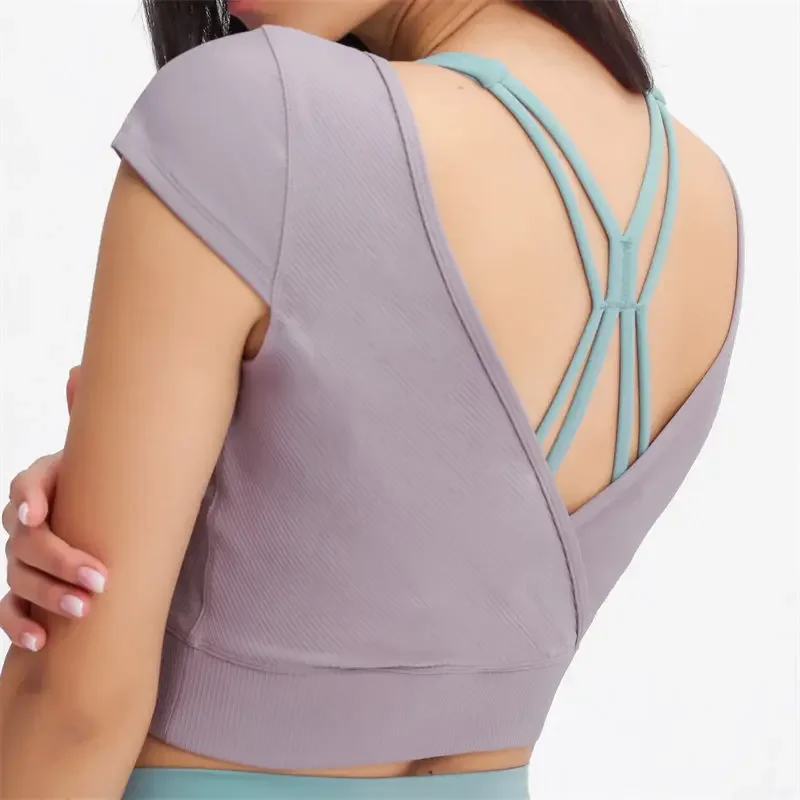 Nepoagym Women Workout Crop Tops Criss Cross Strappy Back Short Sleeve Ribbon Fabric Sports Top