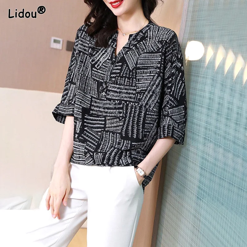 Thin Spring Summer Button Casual Geometric Graphic Women Tops Printing Straight Temperament Turn-down Collar Women's Clothing