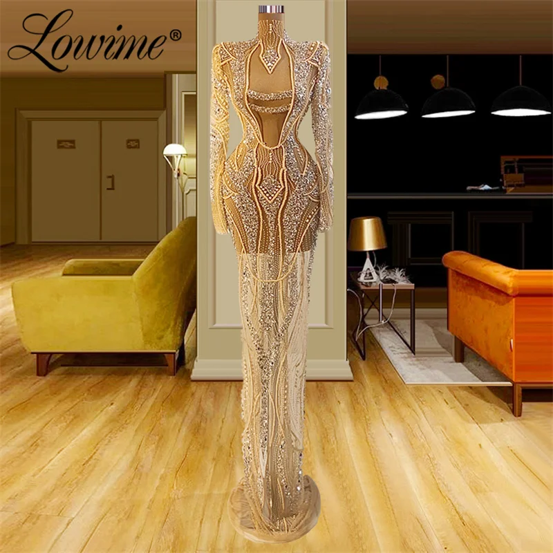 

Lowime Heavy Handmade Beaded Evening Dresses Long Luxury 2022 Celebrity Vestidos De Novia Full Sleeves See Through Party Dress