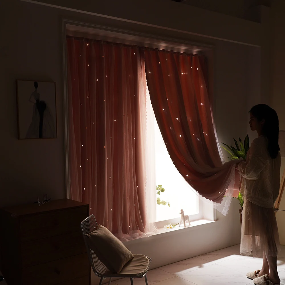 Window Curtains Star Blackout Partition Hanging ring With gauze pink For Bedroom Living room