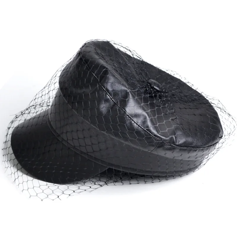 Spring and Summer Black PU Lace Veil Newsboy Caps Fmale Flat Top Black Mesh Letter Multiple Styles Fashion Hats cotton newsboy cap