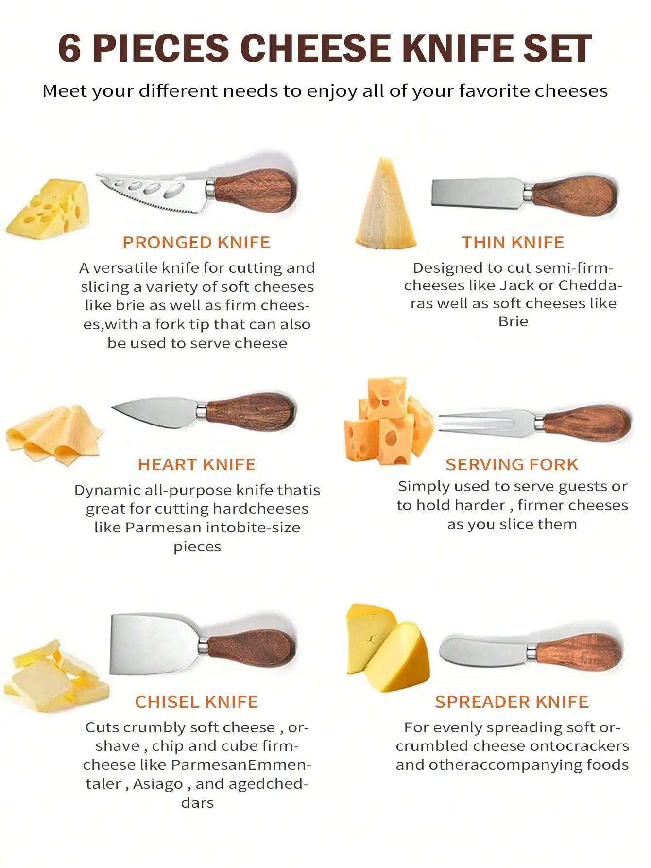 Leeseph 6-Piece Cheese Knife Set Complete Stainless Steel Cheese Knives Collection (Acacia Wood Handle) Christmas Gifts