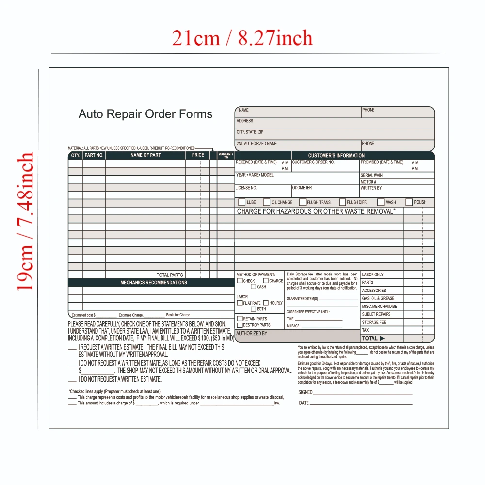 Auto Repair Order Forms, 8.5 x 7.44 Inch, 2-Part, Carbonless, 50-Pack, White and Pink