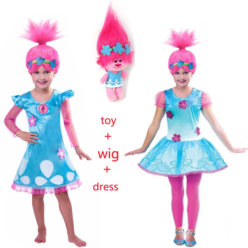 Nuove Neonate Cartoon Trolls Poppy Dress Parrucca E Giocattolo Estate Bambini Ragazza Halloween Carnival Cosplay Costume Abiti Da Principessa