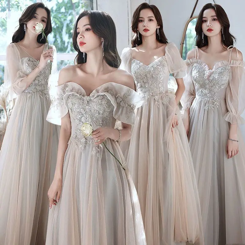 Long Bridesmaid Dress New Grey Embroidered Tulle A-Line Formal Banquet Gown Simple Elegant Wedding Sisters Group Dresses