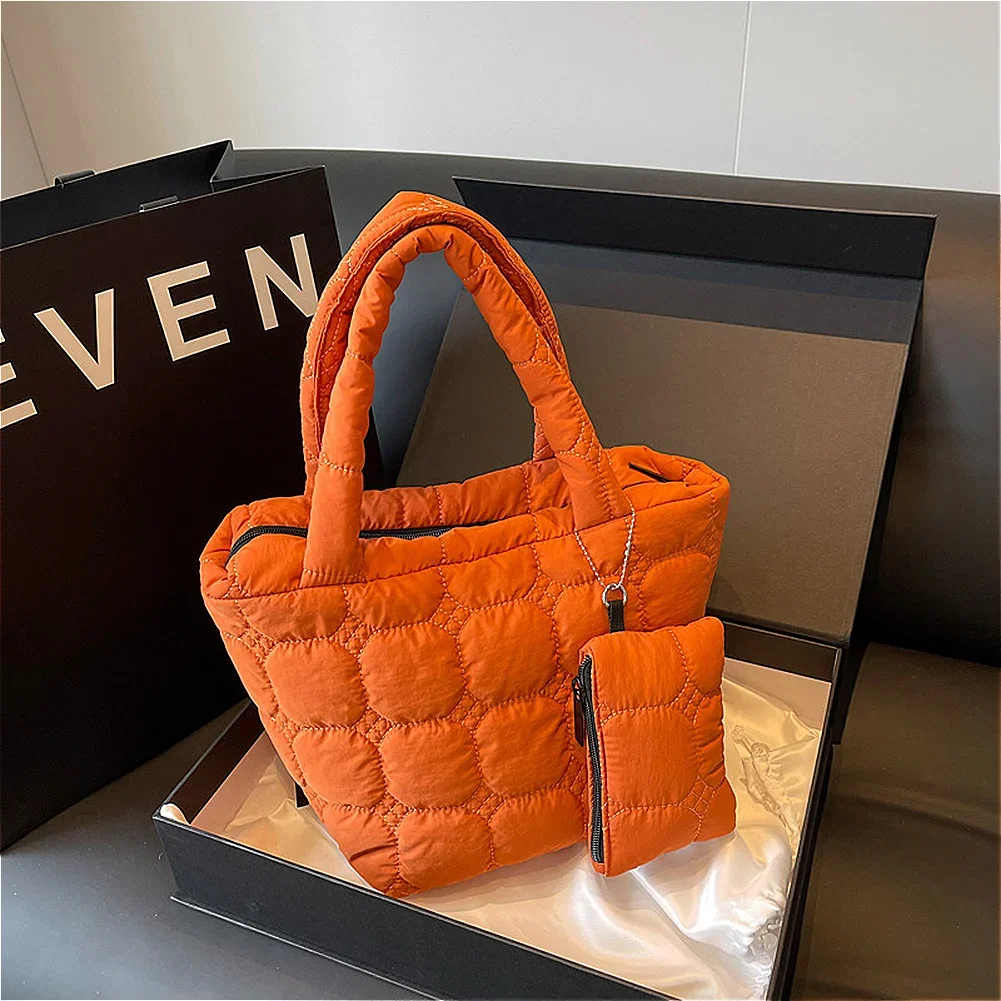 

Ladies Small Totes Bag with Mini Purse Lightweight Puffy Top-Handle Bag Large Capacity Fashion Quilted Embroidery Thread Handbag