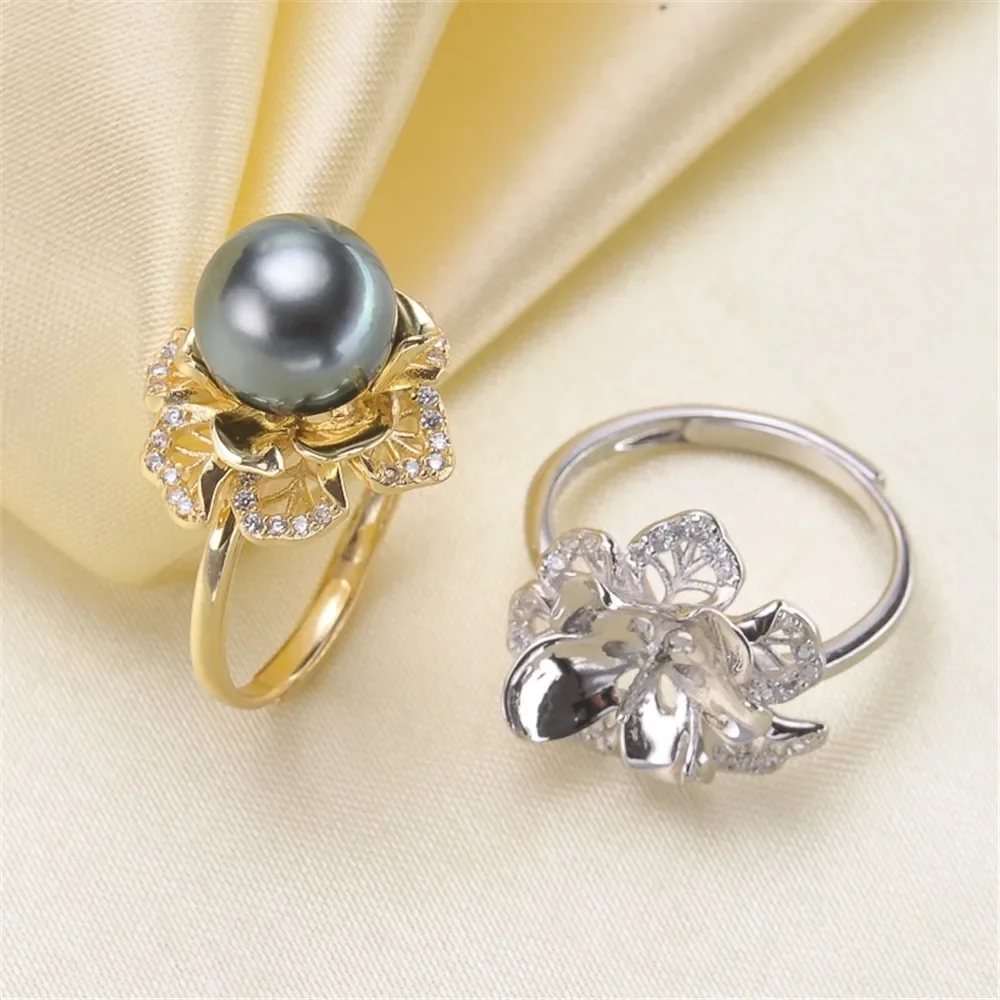 

DIY Pearl Ring Accessories S925 Silver Adjustable Gorgeous Flower Pearl Ring Fit 9-11mm Round Beads Z351