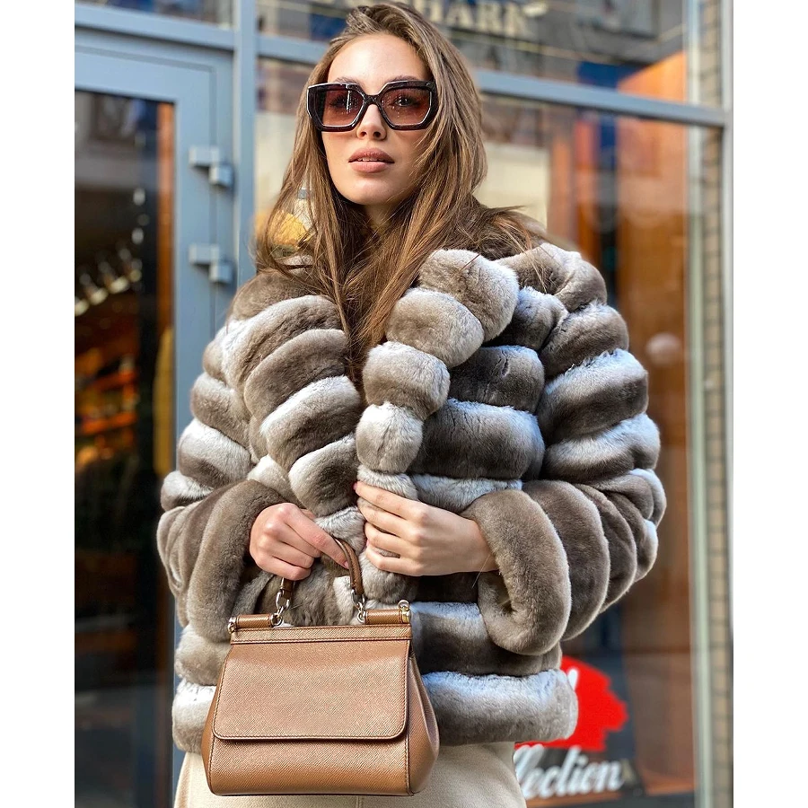 

Chinchilla Real Rex Rabbit Fur Coat Women Luxury Natural Fur Short Coat Best Selling Winter Outerwear 2023