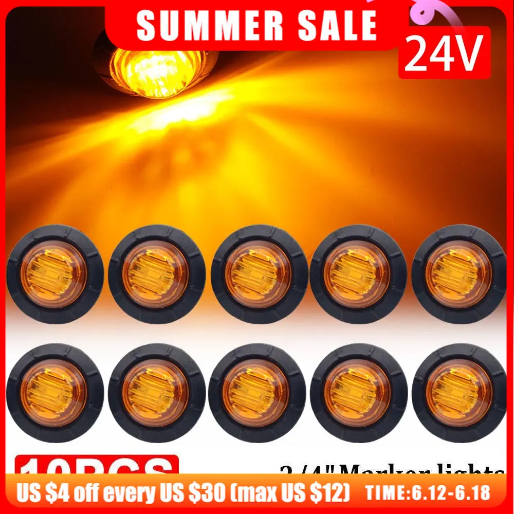 10pcs Waterproof 24v 3led 3/4" Round Trailer Side Marker Lights Front