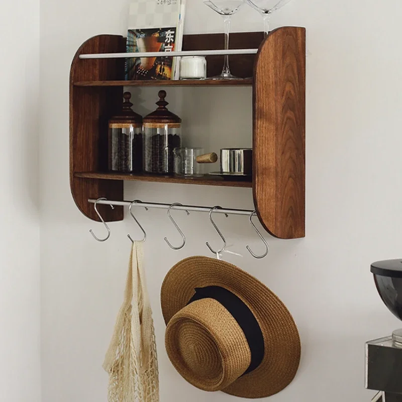 벽걸이형 체리 우드 티컵, 균열 방지 선반, 후크 포함 와인 랙, 커피 컵 정리함 