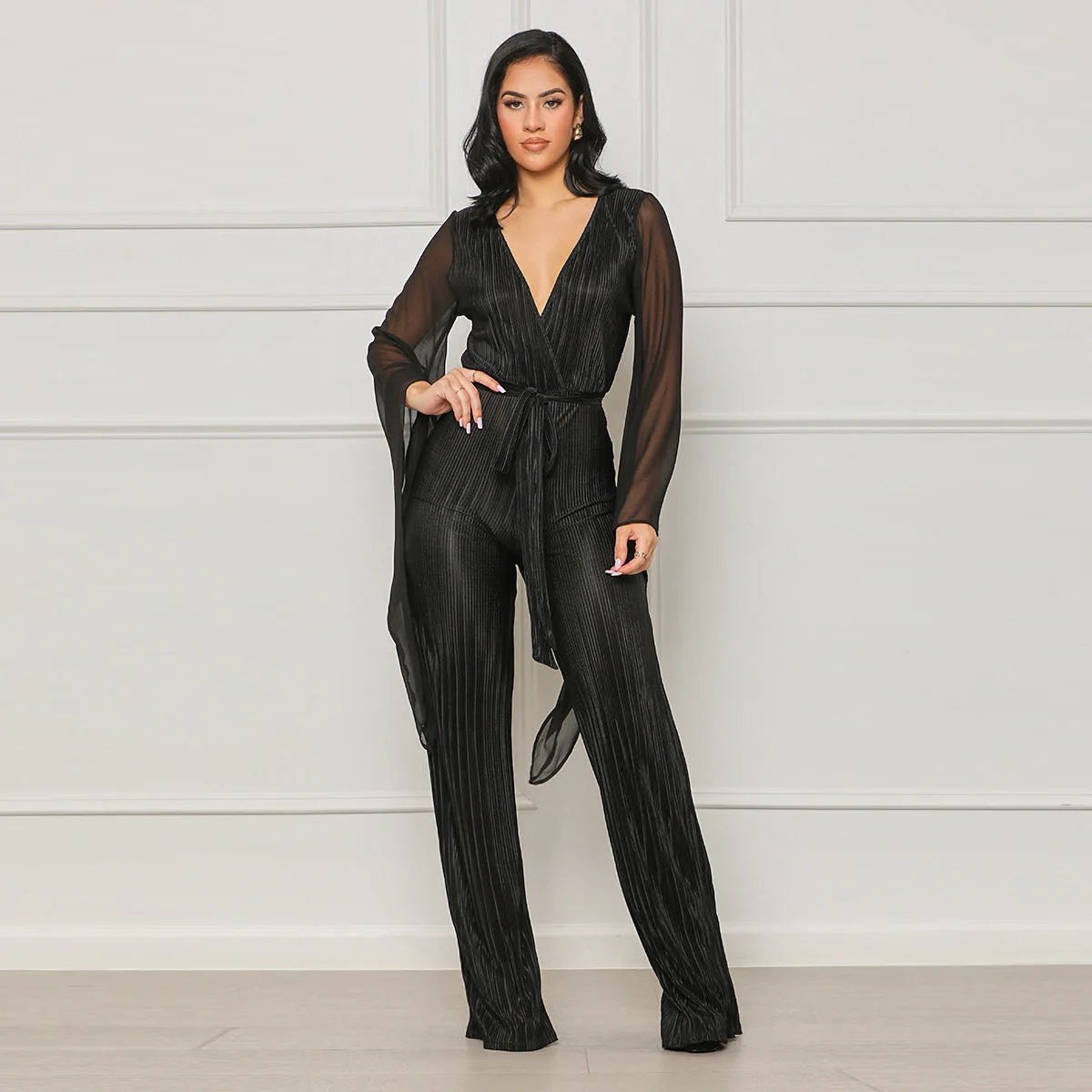 

Fashion Elegant V-neck Mesh Stitching Long Sleeve Straight Jumpsuit 2023 Autumn Women Solid Pleated Lace-Up Party Club Jumpsuit