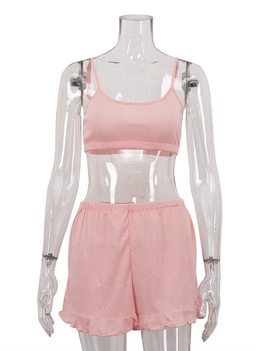 Pink Spaghetti Strap Tank Top With Short Set Xysaqa Pajamas Set