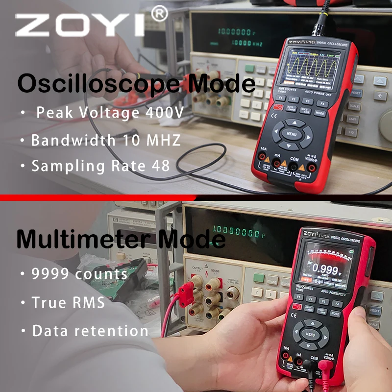 ZOYI ZT-702S 2 in 1 Handheld Digital Automotive Oscilloscope Multimeter, Single Channel 10MHZ Bandwidth,64Kbyte Record Length,48 6