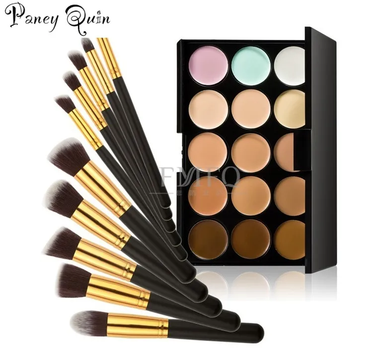 

10 pcs makeup Brushes+15 color Concealer Palette makeup set kit Pincel Maquiagem make up combination set Foundation Brushes