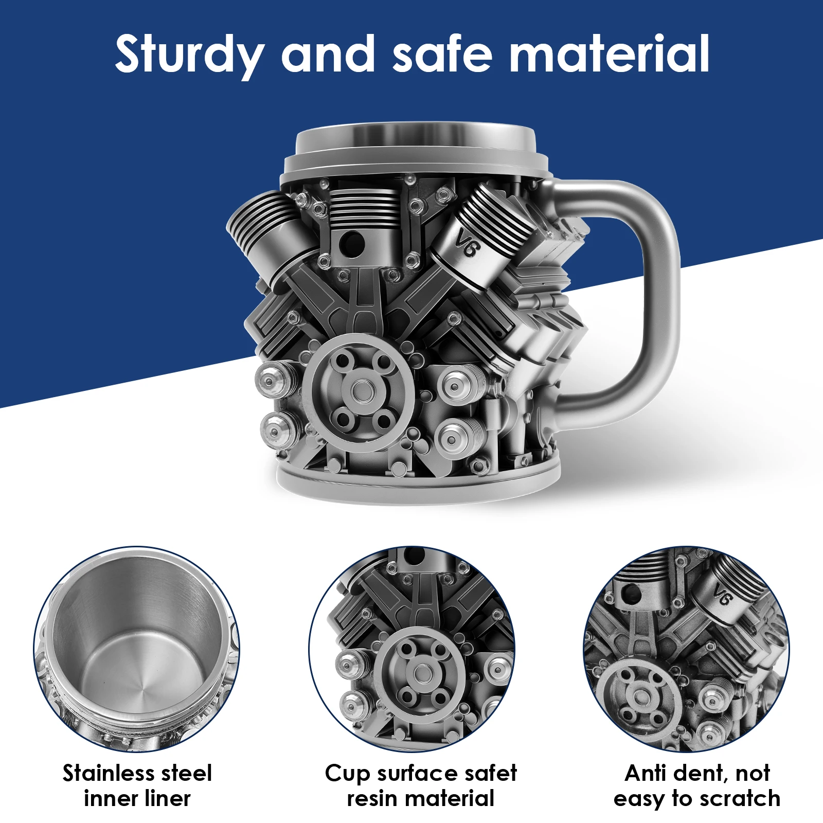 Stainless Steel Cup V6/V8 Engine Coffee Mug Durable Rust-Proof 350ML Engines Design Mug with Handle for Car Enthusiasts