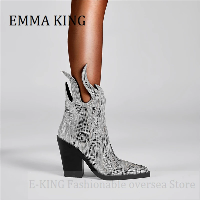 

Women Rhinestone Embellished Cowboy Boots Pointed Toe Wedge Heels Ankle Boot Autumn Winter Flame Design Side Zip Botas De Mujer