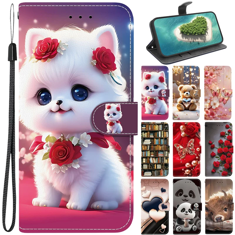 Elegant Air Rose Cat Bear Wallet Flip Stand Case with Strap and Back Cover