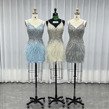 YQLNNE 0129 Beige Feathers Short Evening Dresses Straps Crystals Beaded Formal Women Wedding Party Gown