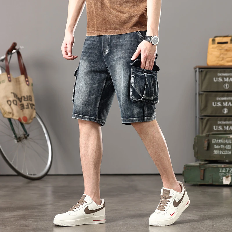 Summer new elastic American retro multi -pocket tools for denim shorts, men's pants pants loose, large size three -color 4