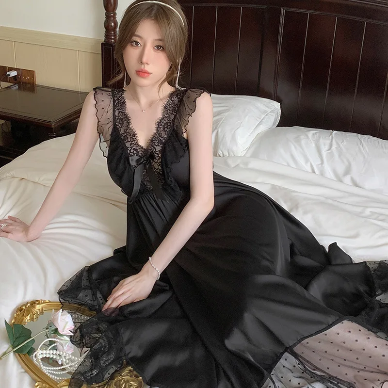 

Женская летняя ночная рубашка, кружевная однотонная женская ночная рубашка без рукавов, сетчатая атласная Домашняя одежда с V-образным вырезом для женщин 2024