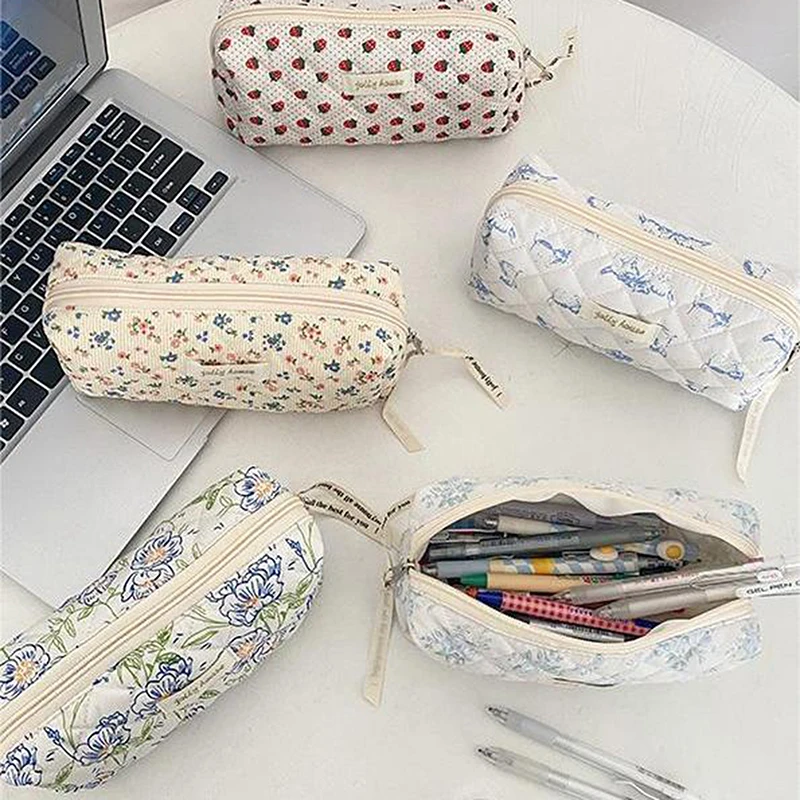 Pencil Case Korean Style Floral for Girl Soft Cotton