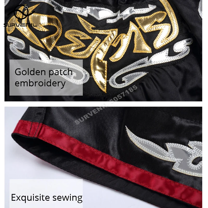 Satin Muay Thai Shorts Fashion Embroidery Boxing Shorts Men Womens Kids Training Competition Fight Kickboxing Pants MMA Clothing