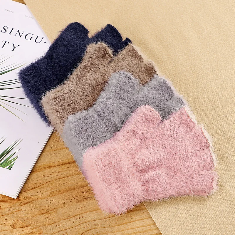 Solid Color Winter Gloves for Kids Imitation Mink Fur Thicken Boy Girl Outdoor Warm Half Finger Gloves Plush Children Mittens