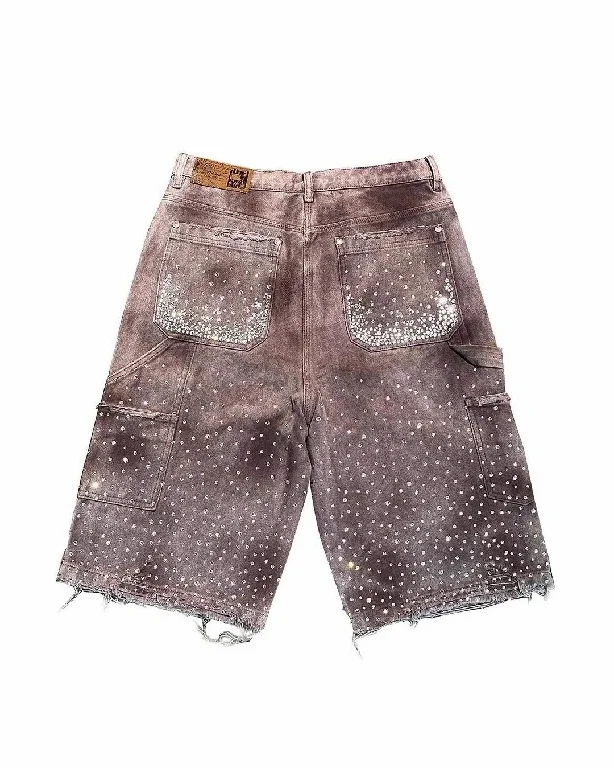 American Shorts Y2K Jeans Mens Womens Harajuku Retro Hip Hop Rhinestones Sequins Baggy Denim Gym Shorts High Waist Casual