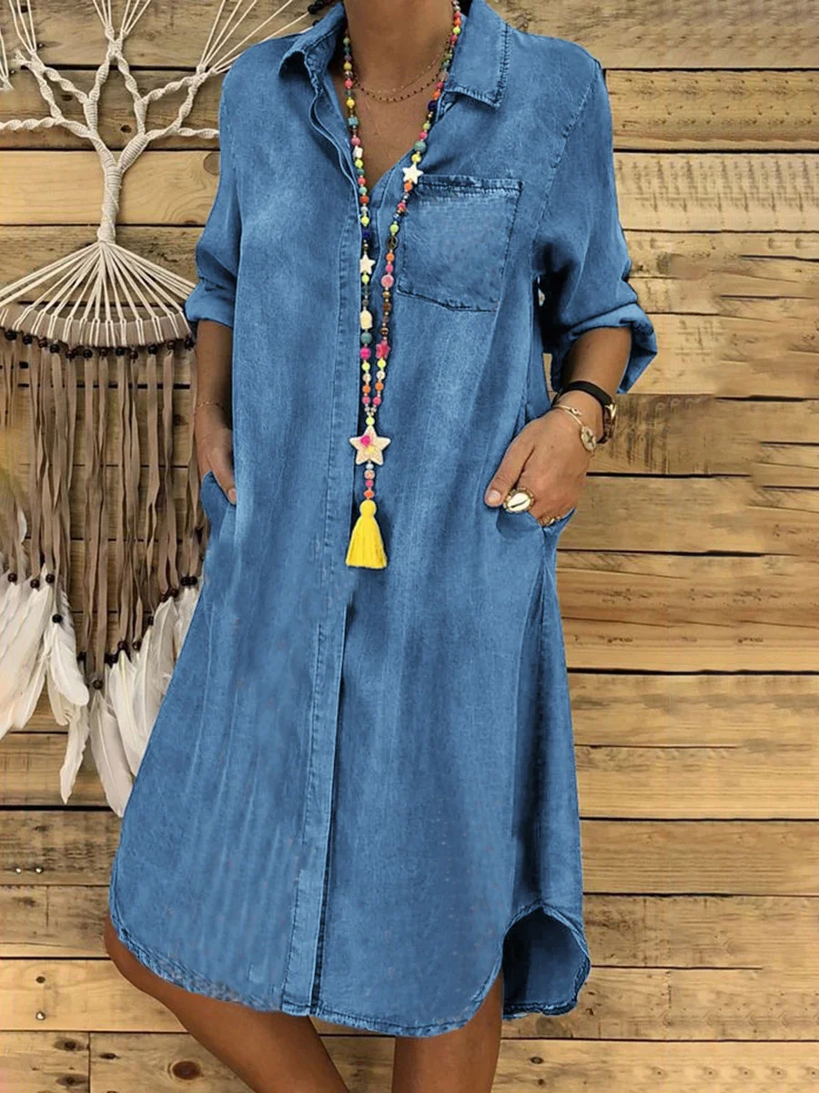 

Women's Solid Casual Long Sleeve Shirt Denim Dress Pocket Button Turn-down Collar Elegant Long Dresses For Women