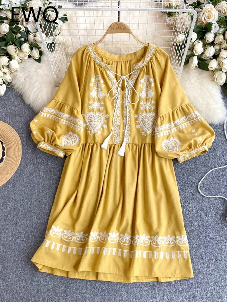 

EWQ Fashion Embroidery Dress For Women Casual V-neck Lantern Sleeve Lace-up High Waist Loose Dresses New 2024 Summer 27C555