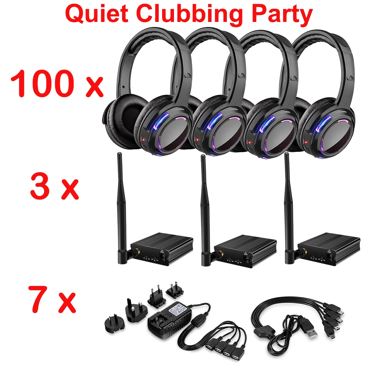 500m Distance Control Silent Disco Headphones (100 Led Headsets 3 Transmitters 7 Chargers)