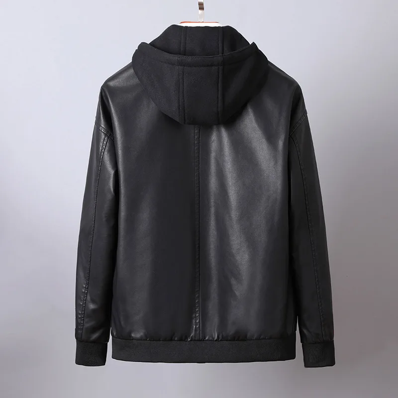 Autumn and Winter Men's Leather Coat Motorcycle Fashion Edition Fake Two Piece Hooded Coat Youth PU Leather Jacket for Men