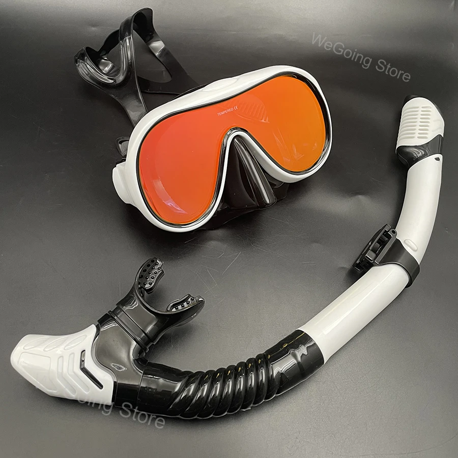 Unisex New Big Tempered Glass Lens Scuba Swimming Mask Gear with Dry Top Snorkelling Tube for Adult Mirrored Diving Goggles Set