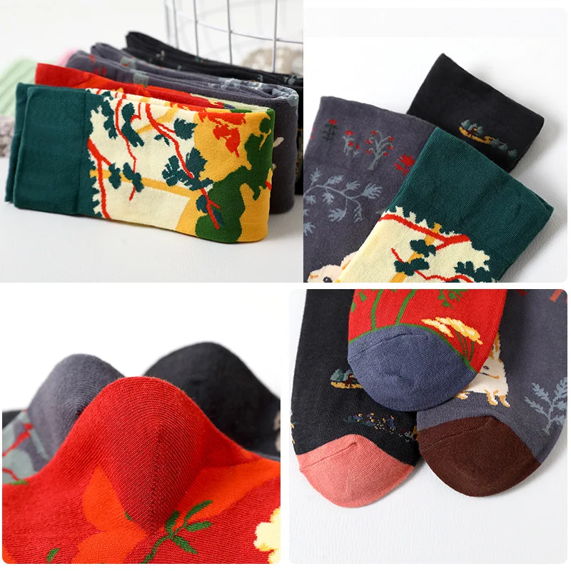 1 pair Oil Painting Long Socks Retro Art Spring Summer Comfortable Breathable Thin Calf Artsy cotton socks Stockings Women